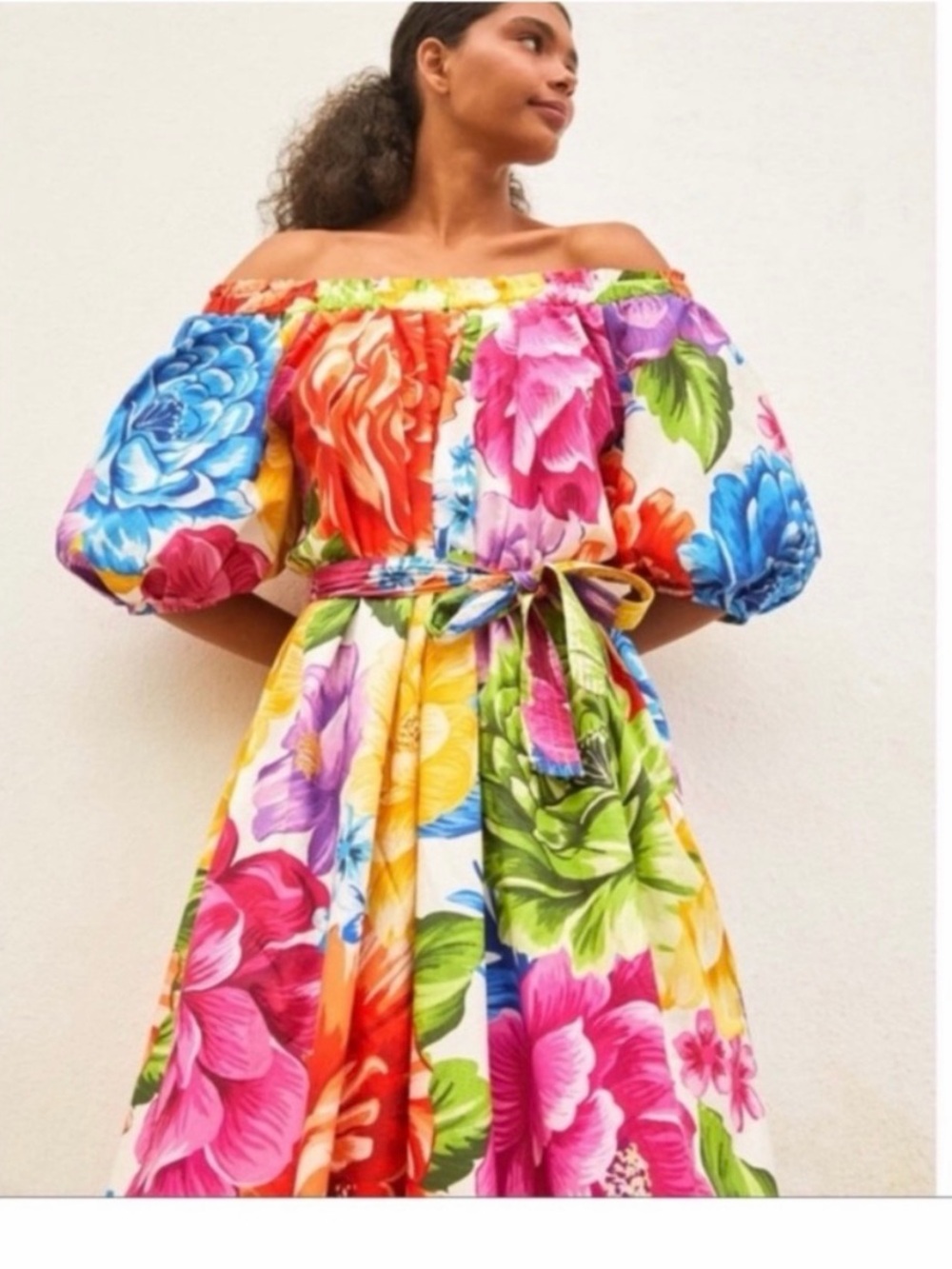 FARM Rio Bold Floral Off-Shoulder Maxi Dress in Blue, Pink, Green, Yellow